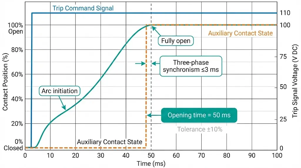 Traza del osciloscopio que muestra la medición del tiempo de apertura del interruptor automático de vacío con la curva de posición del contacto de la señal de disparo y la transición del contacto auxiliar.