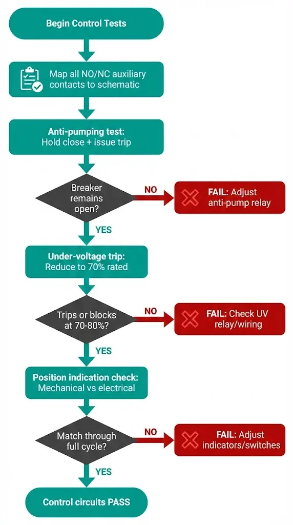 Diagrama de flujo que muestra la secuencia de pruebas funcionales del circuito de control del interruptor automático de vacío con prueba anti-bombeo y verificación de disparo por subtensión.
