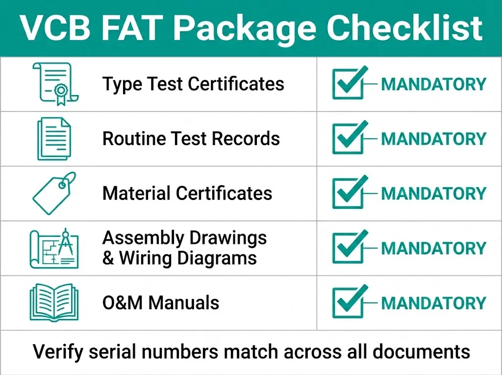 VCB FAT package document checklist infographic showing five mandatory items including type test certificates and routine test records