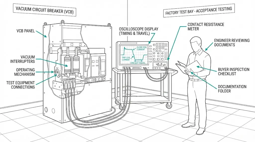 VCB FAT SAT acceptance pack showing vacuum circuit breaker in factory test bay with documentation folder and buyer sign-off checklist
