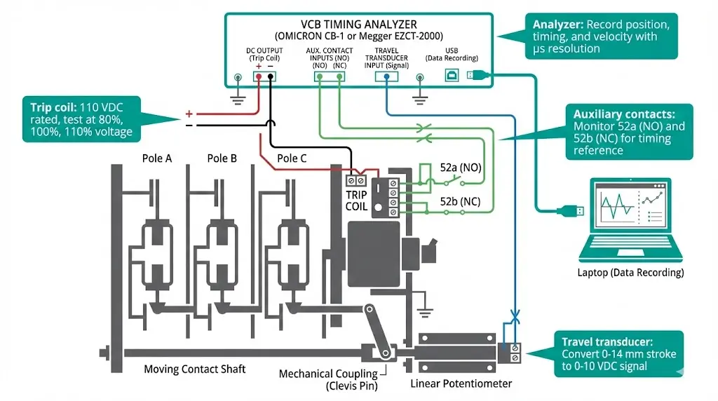 VCB-Feldtest-Schaltplan mit den Anschlüssen des Zeitanalysators an die Hilfskontakte der Auslösespule und den Wegaufnehmer