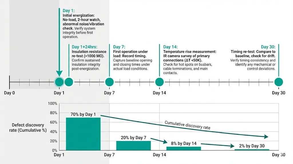 Cronograma que muestra el primer programa de supervisión de 30 días del interruptor automático de vacío con pruebas de carga de energización y hitos de detección de defectos.