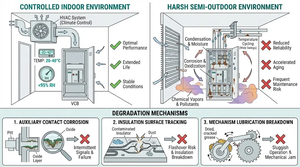 Indoor VCB environment comparison showing controlled conditions versus harsh semi-outdoor installation with corrosion and degradation