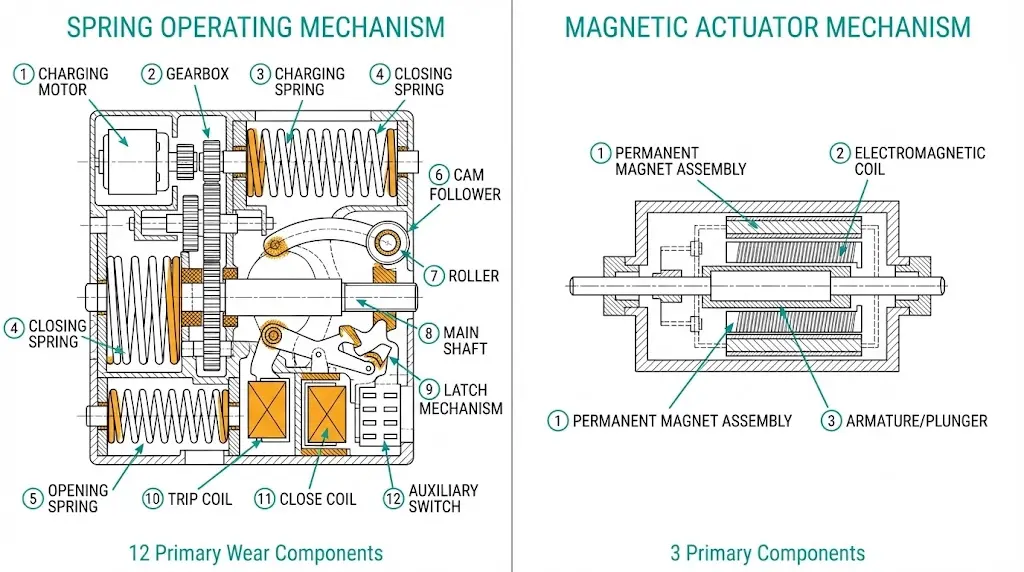 Cutaway diagram comparing spring mechanism with 12 wear components versus magnetic actuator with 3 primary components