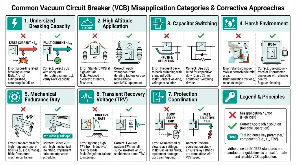 VCB misapplications infographic showing seven common vacuum circuit breaker selection mistakes with prevention icons