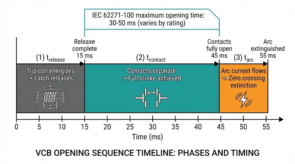 Zeitdiagramm, das die Öffnungssequenz des VCB in drei Phasen zeigt: Auslösen des Kontakttrennkontakts und Löschen des Lichtbogens mit Zeitintervallen
