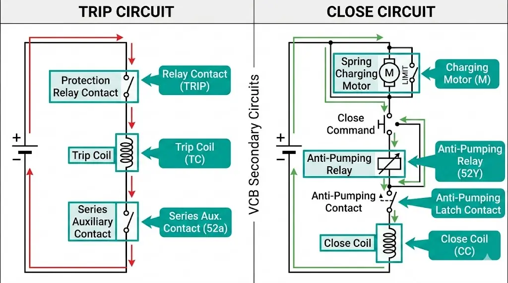 Schema del circuito secondario VCB che mostra lo schema del circuito di sgancio e del circuito di chiusura con bobina di sgancio, bobina di chiusura e componenti del relè anti-pompaggio.