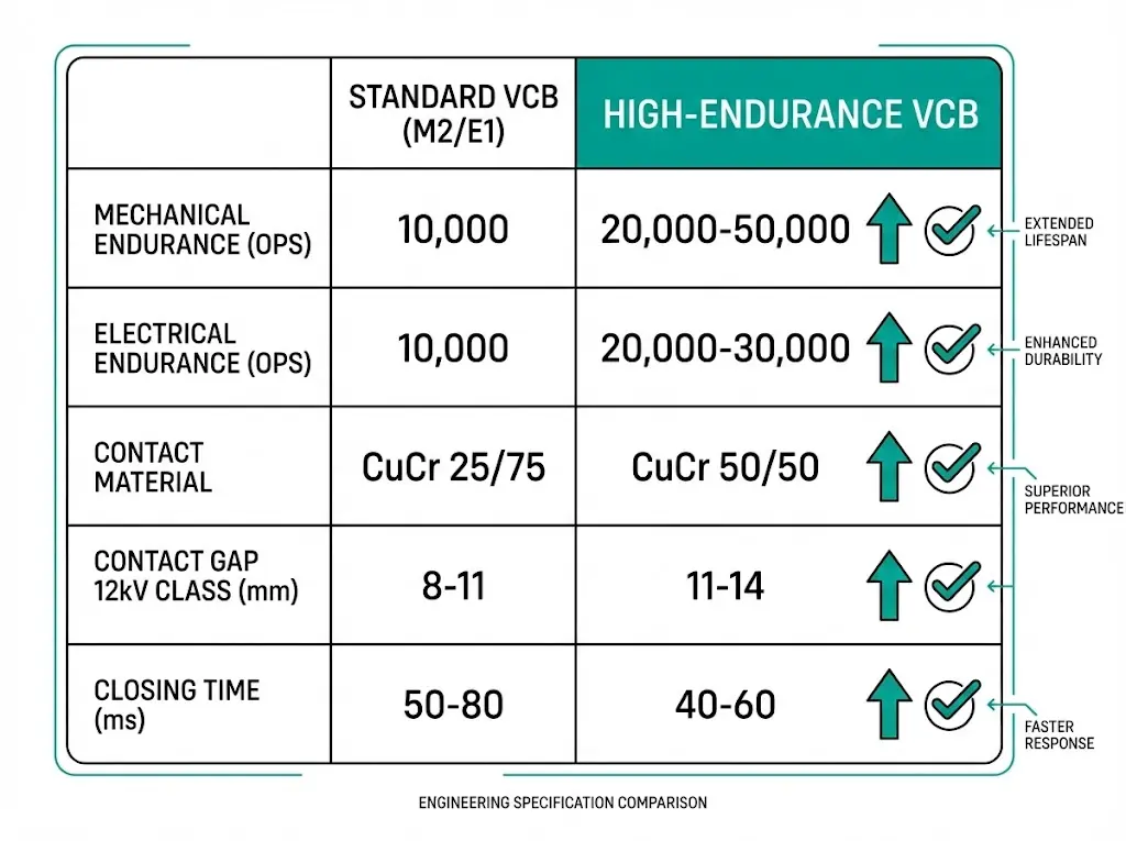 Specification comparison table showing standard versus high-endurance VCB parameters for mechanical endurance and contact material