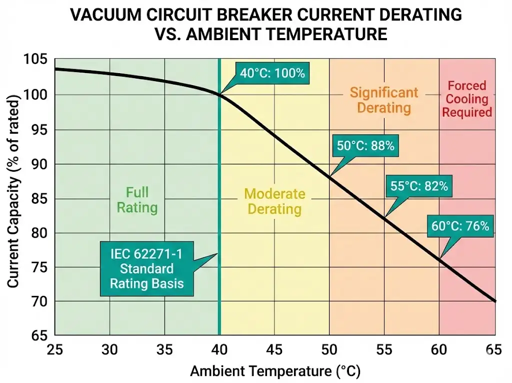 Vacuum circuit breaker thermal derating curve showing current capacity reduction from 100% at 40°C to approximately 76% at 60°C ambient temperature