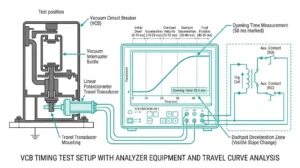VCB timing test setup showing analyzer equipment travel transducer and oscilloscope trace with contact travel curve phases