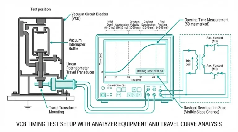 VCB timing test setup showing analyzer equipment travel transducer and oscilloscope trace with contact travel curve phases