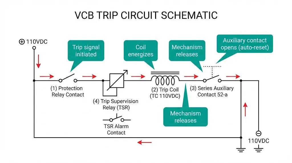 பாதுகாப்பு ரிலே தொடர்பு, டிரிப் காயில், தொடர் துணைத் தொடர்பு, மற்றும் மின்னோட்டக் காட்டுவிப்பான்களுடன் கூடிய டிரிப் மேற்பார்வை ரிலே ஆகியவற்றைக் காட்டும் VCB டிரிப் சுற்று வரைபடம்
