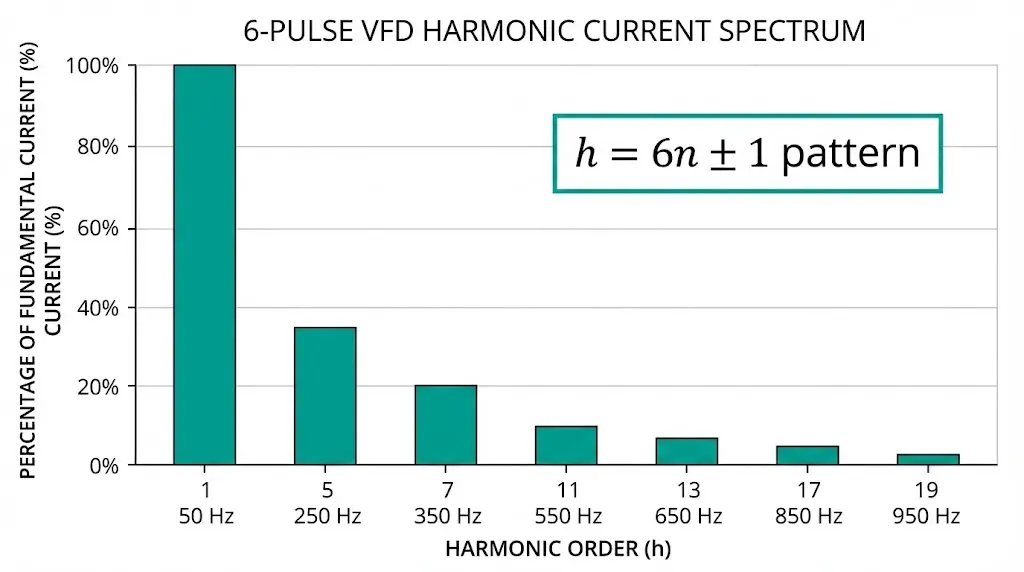 Six-pulse VFD harmonic current spectrum bar chart showing 5th 7th 11th 13th harmonic magnitudes as percentage of fundamental