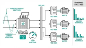 VFD transformer derating guide showing harmonic current effects on K-rated transformer sizing and selection methodology