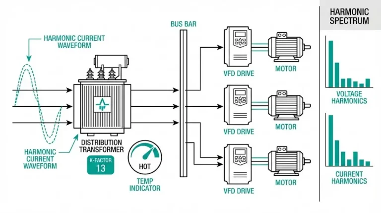 VFD transformer derating guide showing harmonic current effects on K-rated transformer sizing and selection methodology