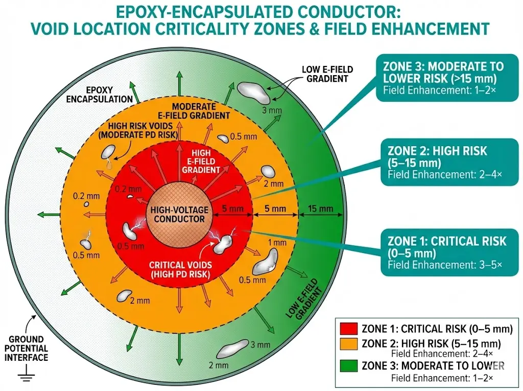 Void location criticality map showing risk zones radiating from conductor surface in epoxy insulation cross-section
