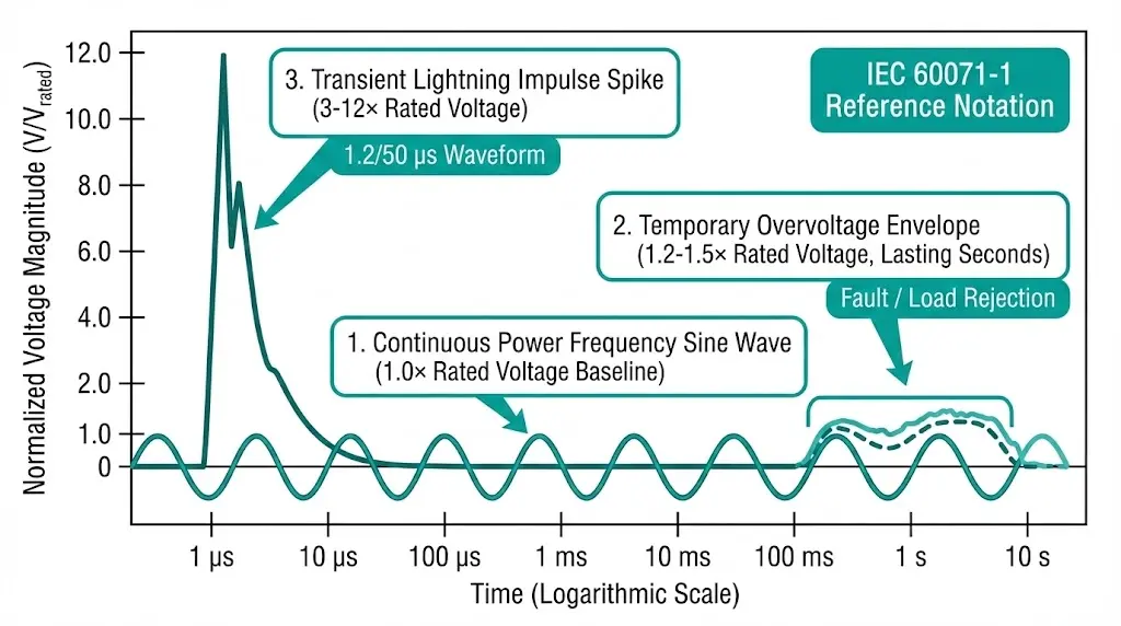 Three voltage stress categories for BIL selection showing power frequency temporary overvoltage and lightning impulse magnitudes on time scale