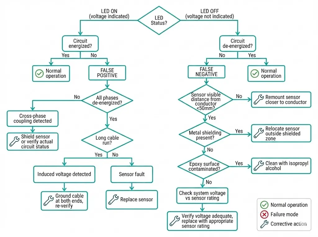 தவறான நேர்மறை மற்றும் தவறான எதிர்மறை மின்னழுத்தக் காட்சிகளுக்கான தீர்வு நடவடிக்கைகளுடன் கூடிய முடிவு மரத்தைக் காட்டும் VPIS பிழைத்திருத்தப் பாய்வுப் படம்