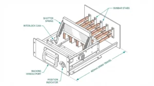 Withdrawable contactor drawer assembly showing interlock components, shutter mechanism, and three operational positions for MV switchgear safety