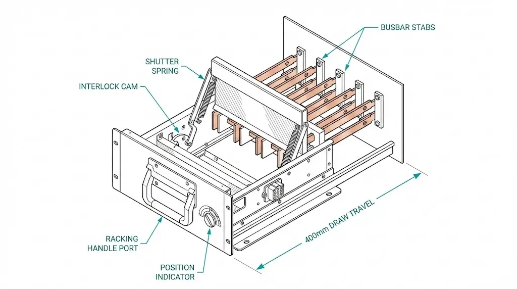 Withdrawable contactor drawer assembly showing interlock components, shutter mechanism, and three operational positions for MV switchgear safety