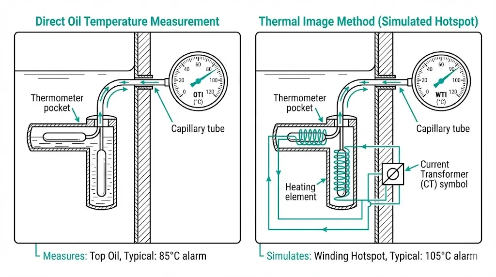Diagramme de comparaison entre l'indicateur de température de l'huile OTI (mesure directe) et l'indicateur de température du bobinage WTI (méthode de l'élément chauffant à image thermique)