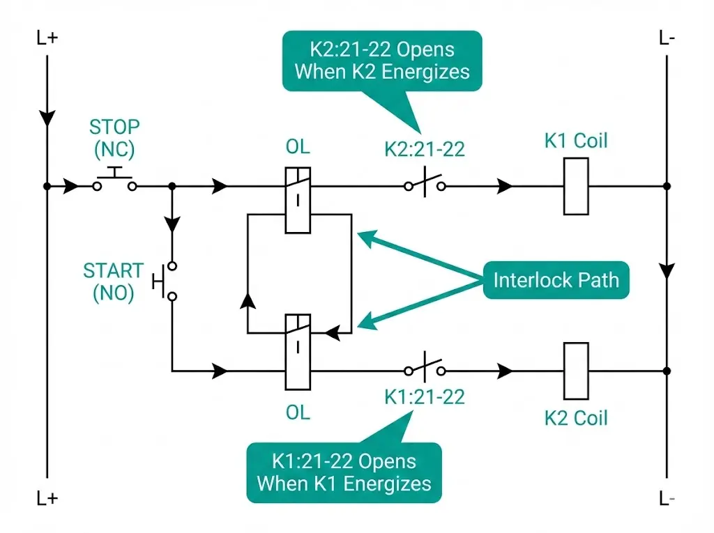 Cross-wired auxiliary contact interlocking schematic showing NC contacts K1:21-22 and K2:21-22 in series with opposing coil circuits