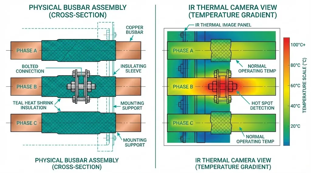 Sammelschienen-Isolationssystem mit Schrumpfschlauch und Infrarot-Thermografie zur Erkennung von Hotspots in der Mittelspannungs-Schaltanlagenmontage