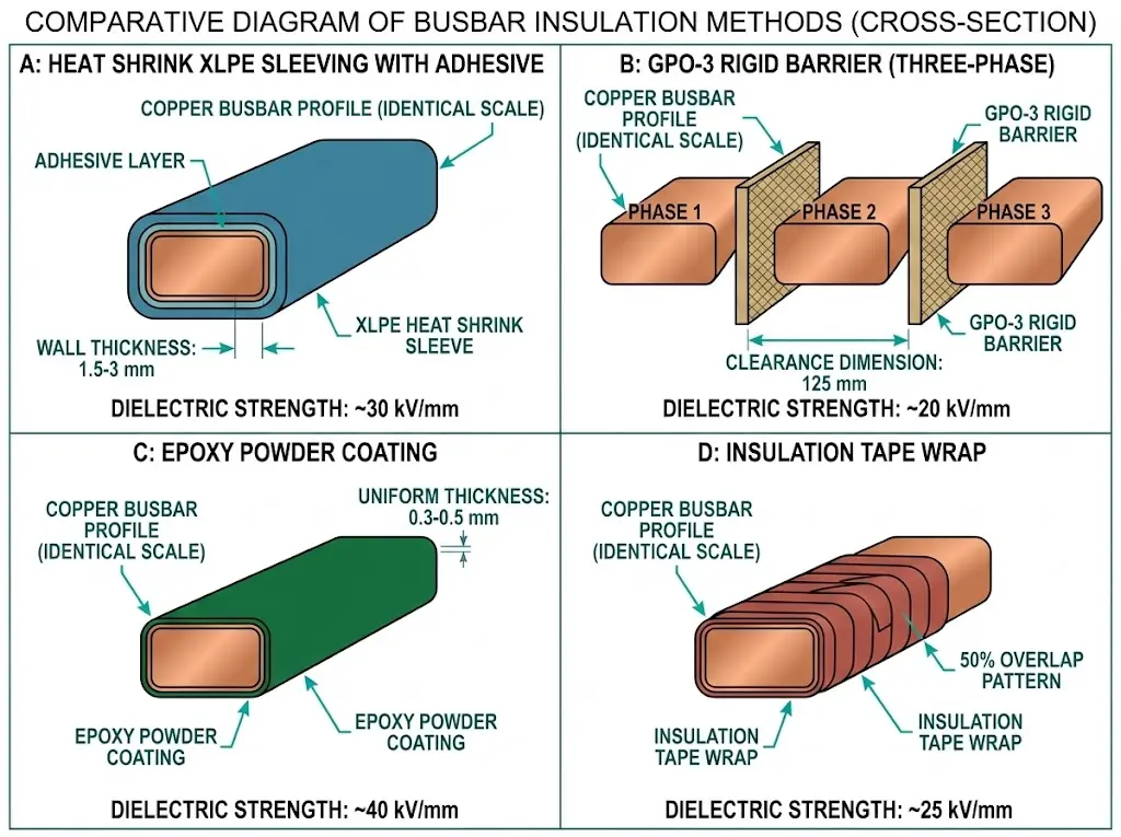 Vergleichender Querschnitt mit vier Isolationsmethoden für Stromschienen: Schrumpfschlauch, starre Phasenbarrieren, Epoxid-Pulverbeschichtung und Klebebandanwendung