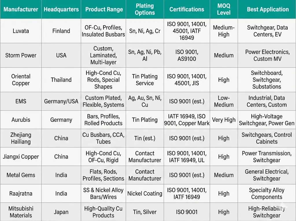 Comparison table of 10 busbar manufacturers showing headquarters, product range, plating options, certifications, and best applications