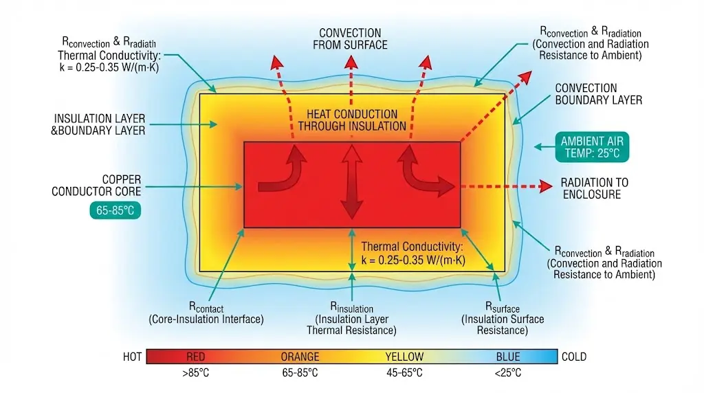 Querschnittsdiagramm der Stromschiene, das den Wärmegradienten vom Kupferleiterkern durch die Isolierschicht zur Umgebungsluft mit Wärmestrompfaden zeigt