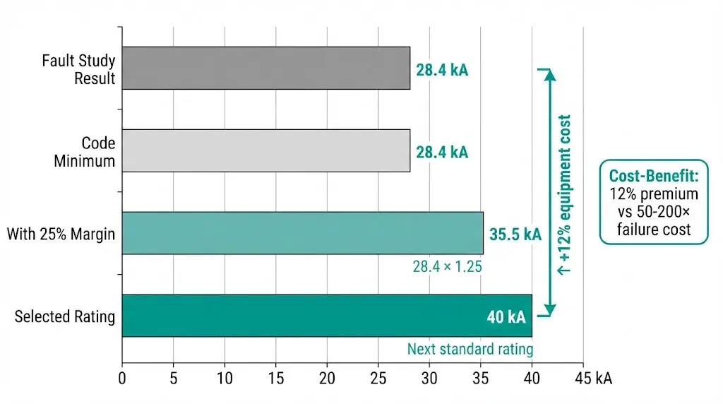 Balkendiagramm, das den Verlauf der Nennleistungsauswahl von der 28,4 kA-Fehlerstudie über die 25%-Marge bis zur ausgewählten Nennleistung von 40 kA zeigt