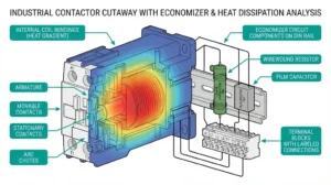Coil economizer circuit components mounted on industrial contactor showing wirewound resistor and RC snubber for heat reduction