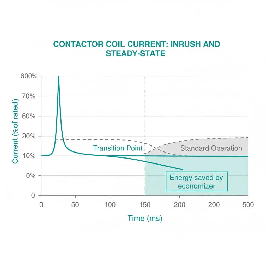 Graph comparing contactor coil inrush current spike versus reduced holding current showing 70-80% power reduction with economizer circuit