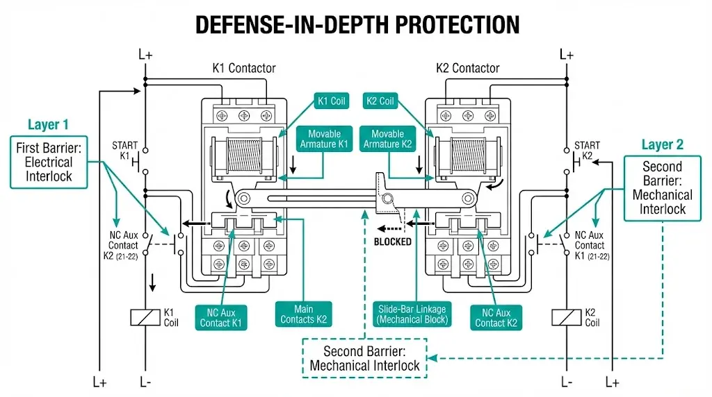 Combined interlocking arrangement showing electrical auxiliary contacts as first barrier and mechanical linkage as second barrier protection