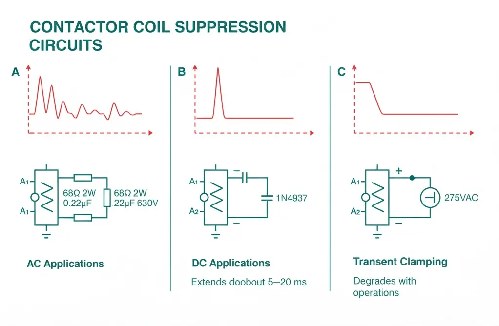 Complete wiring diagram combining coil economizer with RC snubber showing 3kΩ resistor, NC auxiliary contact, and 0.22µF snubber capacitor