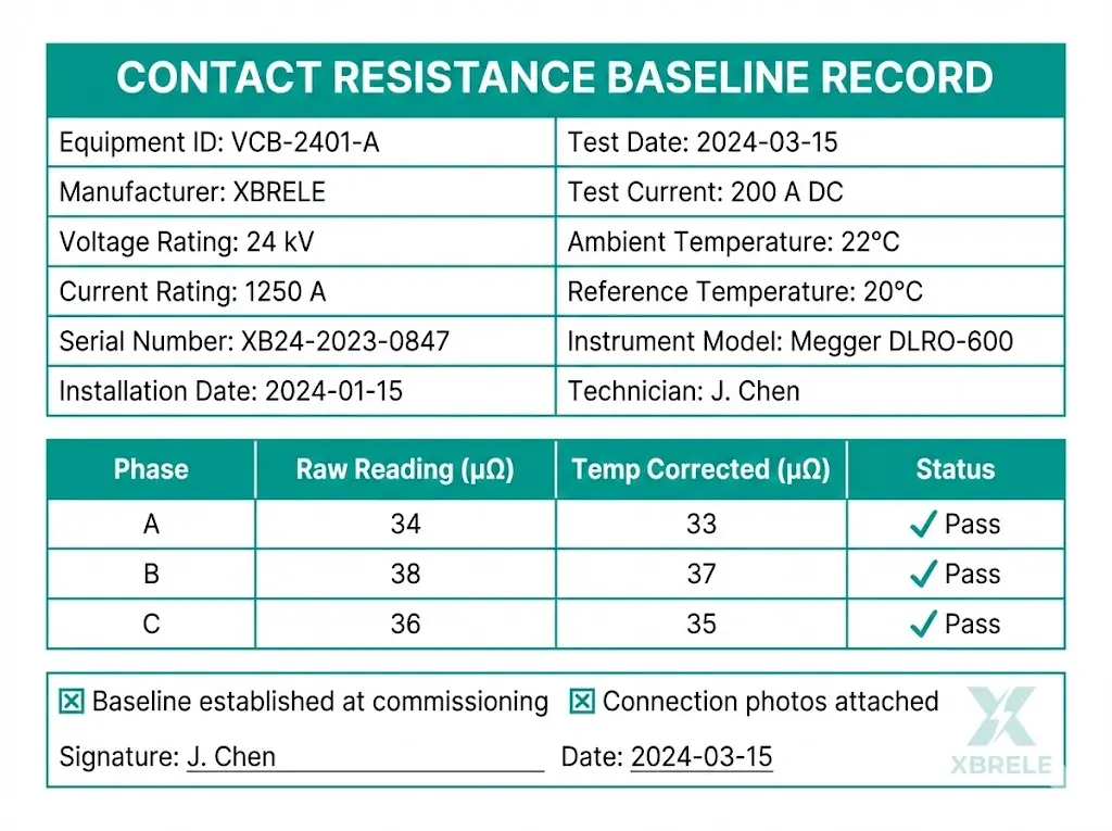 Contact resistance baseline documentation form template with equipment data fields and three-phase measurement table for VCB testing records