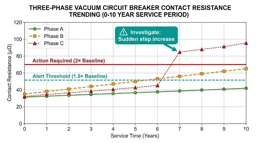 Contact resistance trend chart showing three-phase VCB measurements over ten years with alert and action threshold lines marked