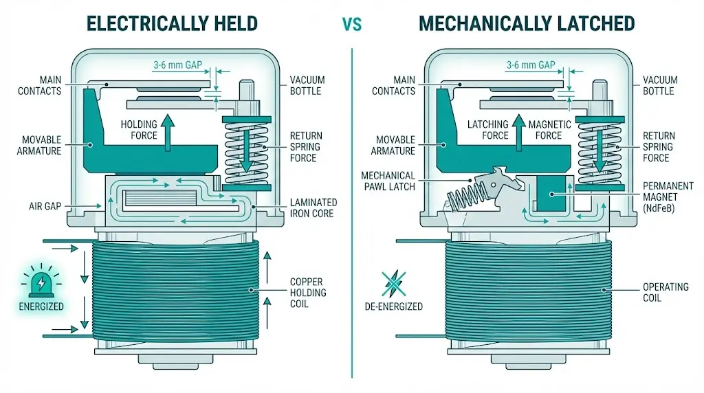 Cross-sectional diagram comparing electrically held contactor with energized coil versus mechanically latched contactor with permanent magnet retention mechanism