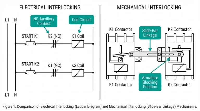 Contactor interlocking comparison showing electrical auxiliary contact circuit versus mechanical slide-bar linkage blocking armature travel