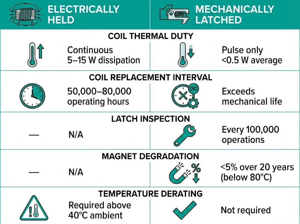 Maintenance comparison infographic showing coil life, thermal duty, and inspection intervals for electrically held versus mechanically latched contactors