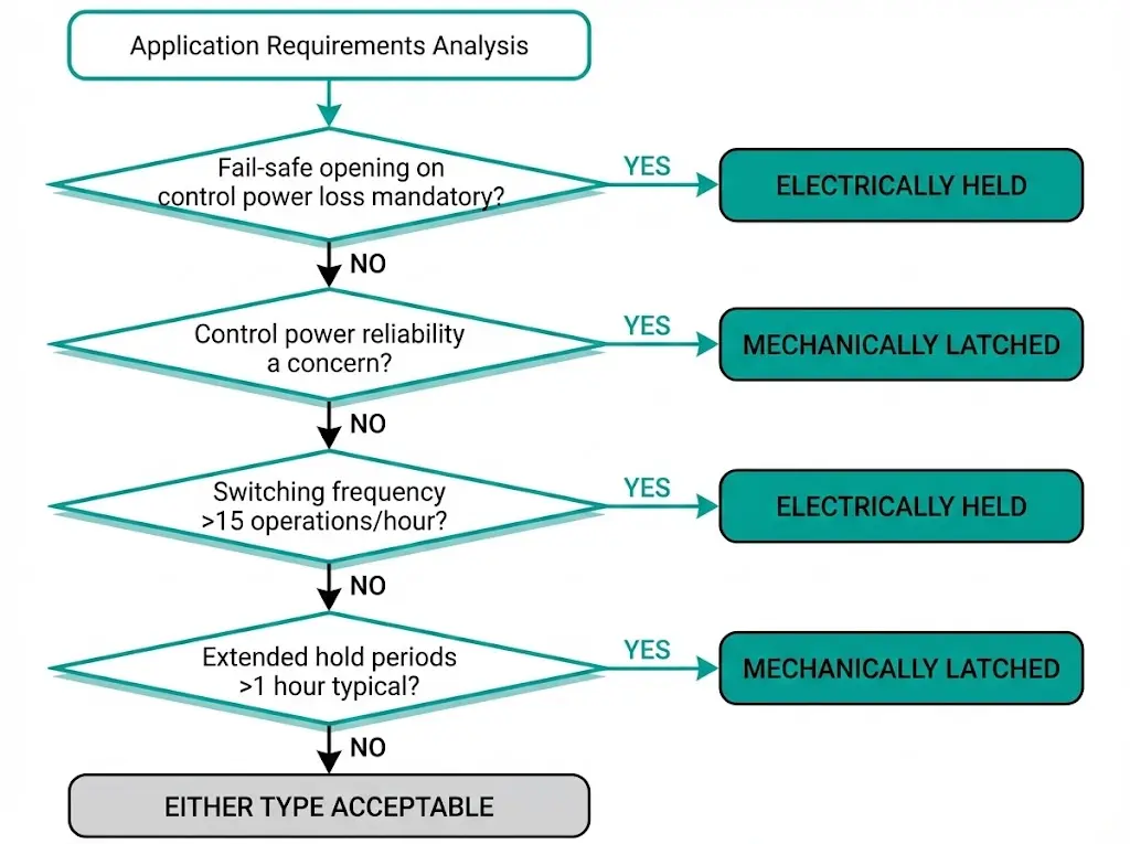 Decision flowchart for selecting mechanically latched or electrically held contactors based on fail-safe requirements, control power reliability, and switching frequency