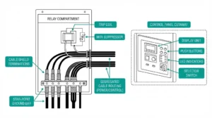 EMV-Schutz der Steuerleitungen im Relaisraum der Schaltanlage mit Sternpunkt-Erdung, Platzierung der Entstörmittel und Trennung der Kabel