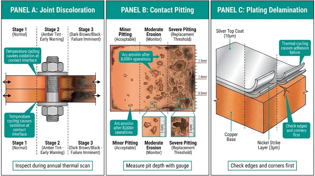 Visual guide showing three copper component failure modes: busbar joint discoloration, contact arm pitting from arc erosion, and plating delamination