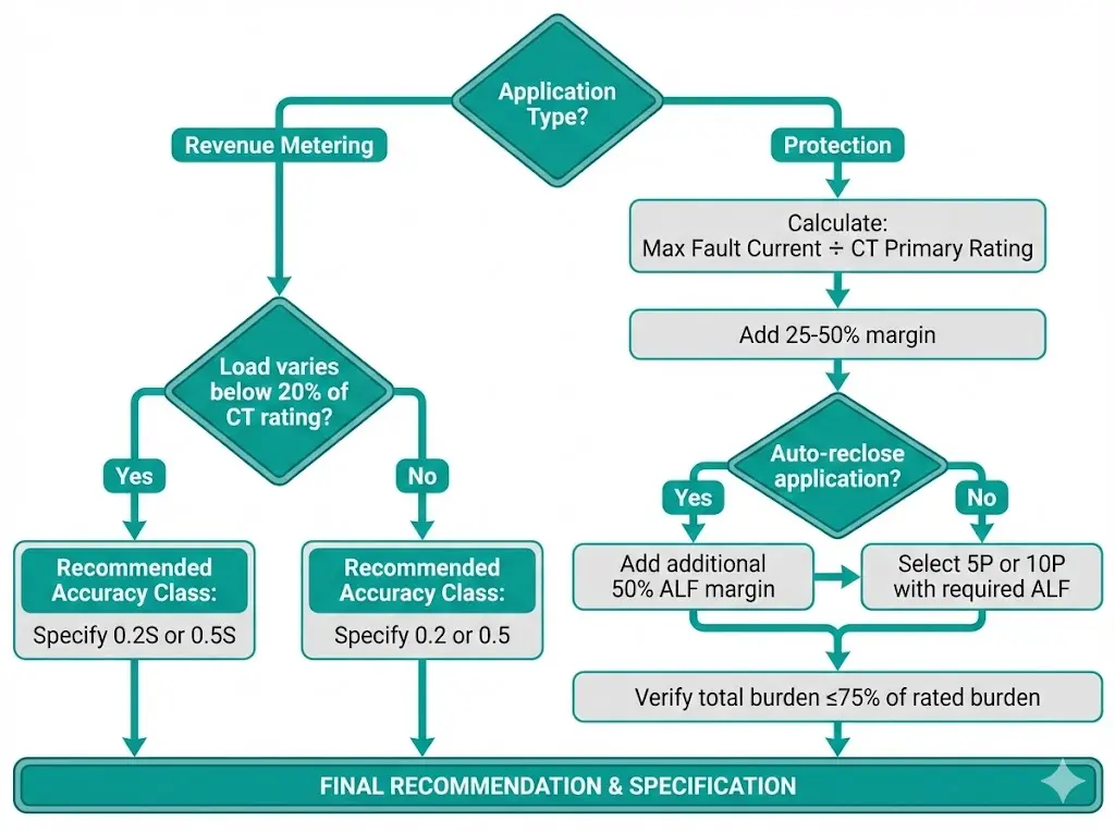 CT accuracy class selection flowchart showing decision path for metering applications versus protection applications with ALF calculation steps