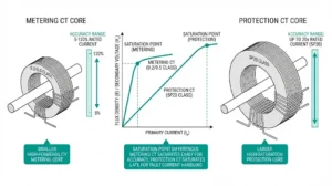 CT accuracy classes comparison showing metering CT core design versus protection CT core with IEC 61869-2 class designations