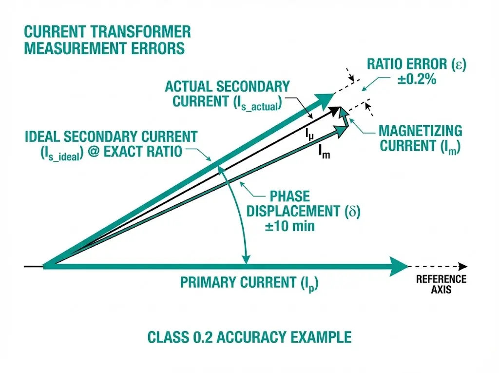 CT ratio error and phase displacement phasor diagram showing primary current, secondary current deviation, and magnetizing current component