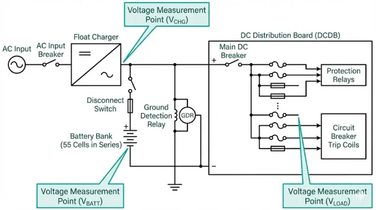 DC control power system single-line diagram showing battery bank, float charger, distribution board, and trip coil connections for substation protection