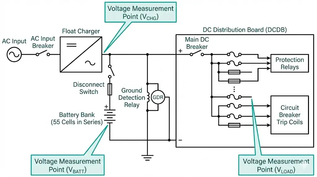 DC control power system single-line diagram showing battery bank, float charger, distribution board, and trip coil connections for substation protection