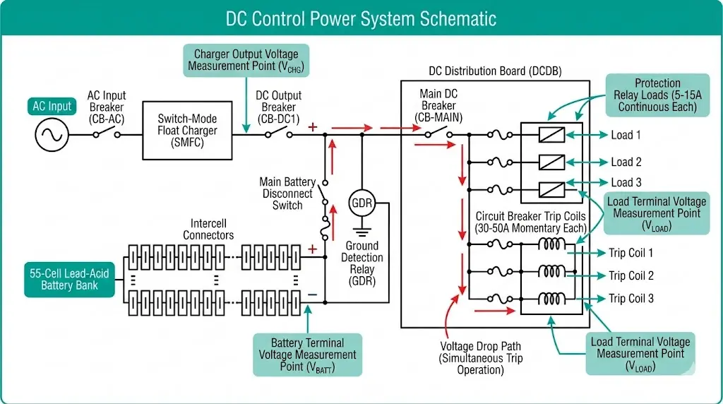DC control power architecture diagram showing battery bank, charger, distribution board, and voltage drop paths during simultaneous trip coil operations