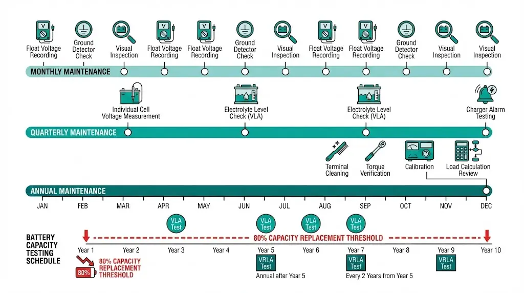 DC system maintenance timeline showing monthly, quarterly, and annual inspection tasks with VLA and VRLA capacity testing intervals